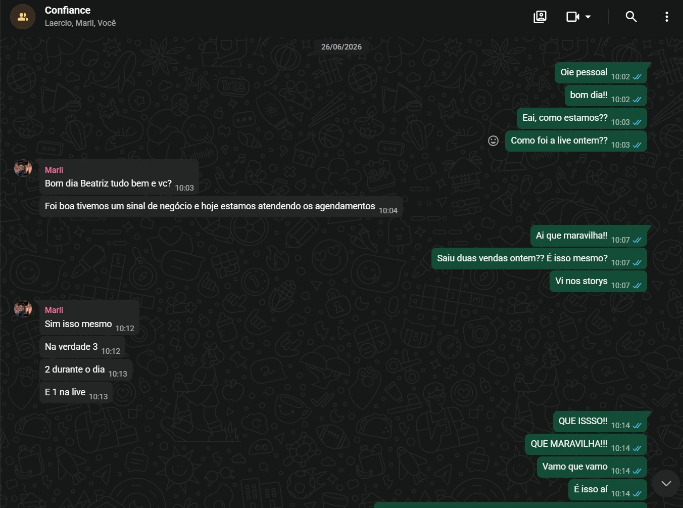 Mensagem de Confiance com resultado: 3 vendas em um dia
