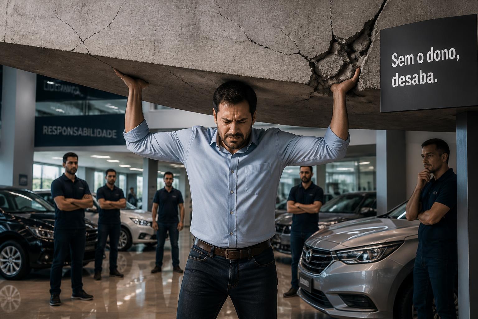 Dono de loja de veículos segurando o teto da concessionária sozinho, simbolizando operação frágil dependente do dono